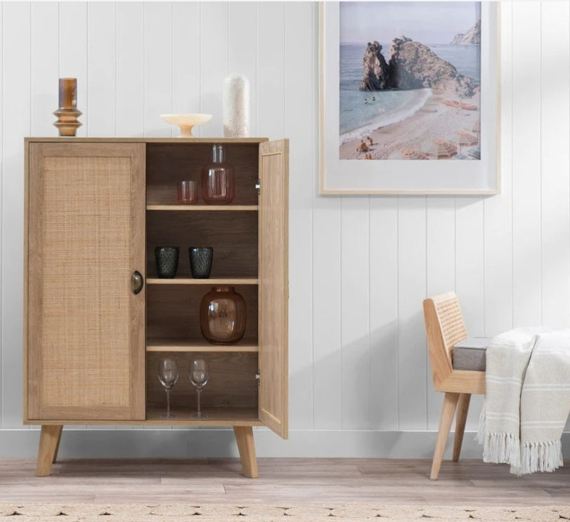 Light Oak & Rattan 2 Door Cabinet with 3 internal Shelves