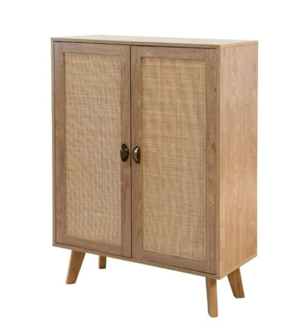 Light Oak & Rattan 2 Door Cabinet with 3 internal Shelves